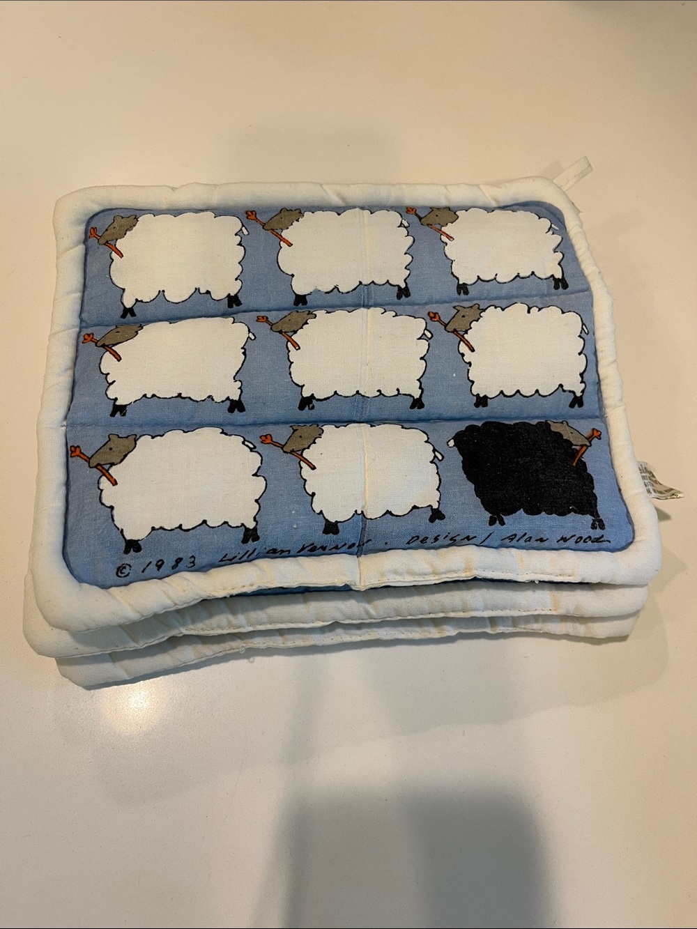 Set of 3 Vintage Cotton 1983 Lillian Vernon Alan Wood Sheep Cloth HOT PAD/Trivet